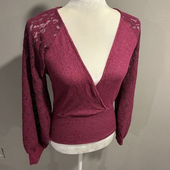 Anthropologie Surplice Ribbed Sweater Lace Sleeve Shirt Plum Pullover Size Small - Picture 3 of 9